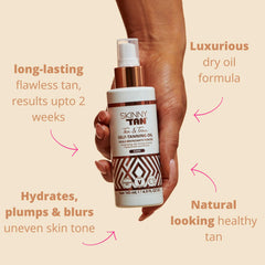 Skinny Tan oil texture close-up highlighting smooth absorption and moisturizing effect