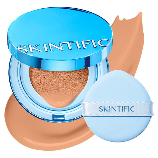 SKINTIFIC cushion front packaging showing sleek compact and shade labeling, professional presentation