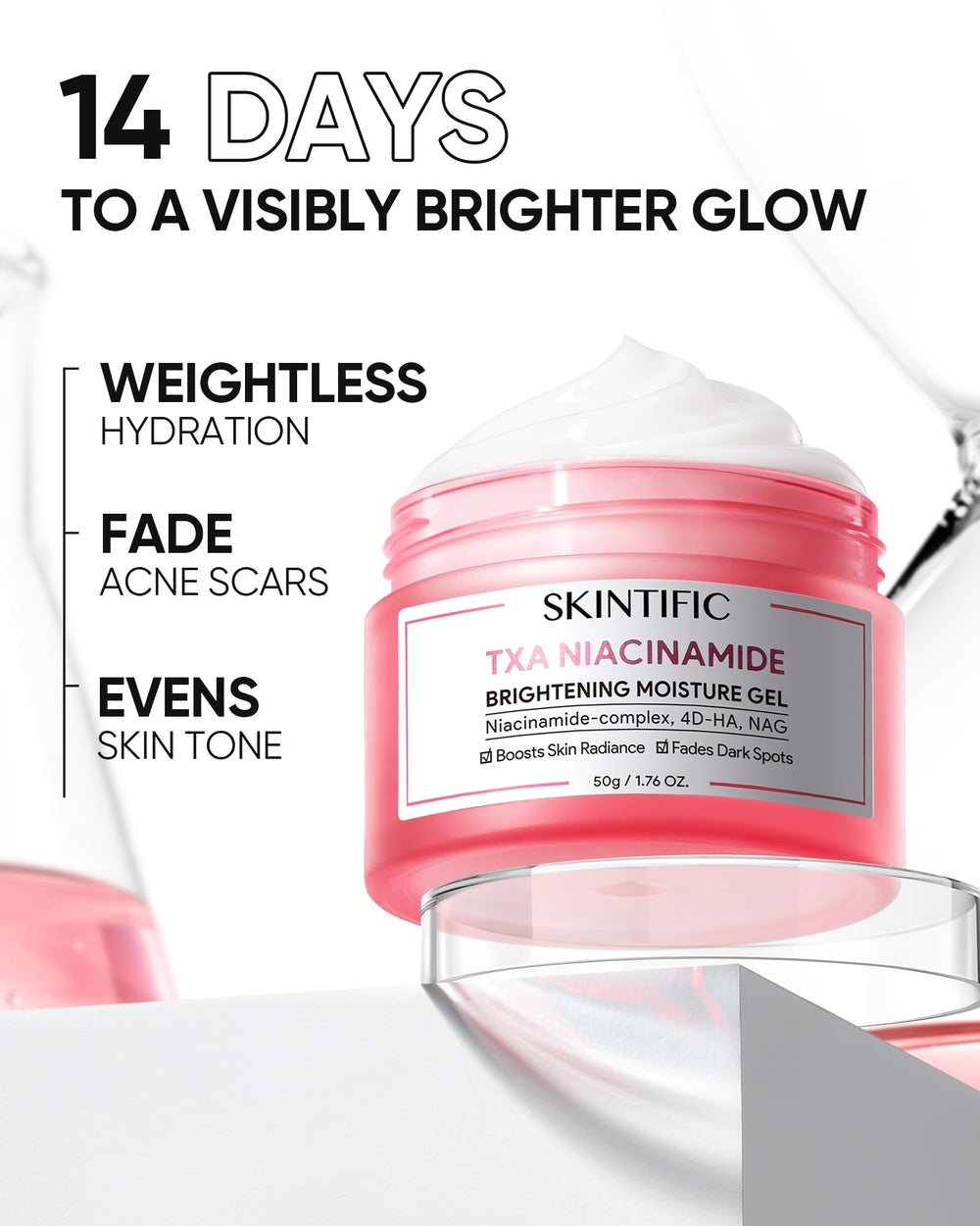 SKINTIFIC jar open showing label text and ingredient highlights for clarity