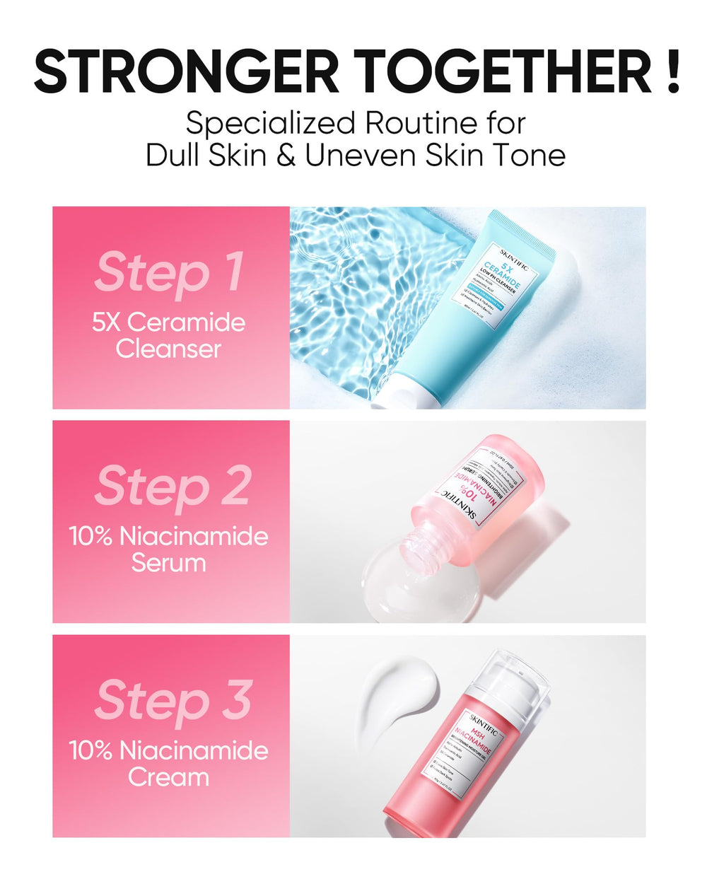 SKINTIFIC serum being applied to cheek demonstrating calming and brightening effect