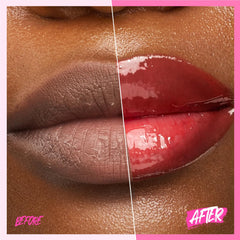 SKINTIFIC swatches on lips demonstrating sheer guava tint and shine benefit