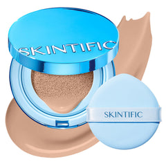 SKINTIFIC front view of cushion compact showing packaging and portability benefit
