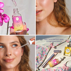 Sky Bliss bottle beside flowers for a fresh, skin-brightening lifestyle benefit
