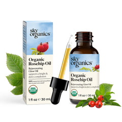 Sky Organics front packaging showing travel rosehip oil benefits
