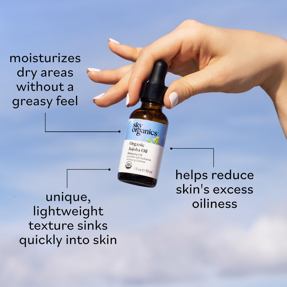 Sky Organics jojoba oil label with USDA organic seal indicating certified purity