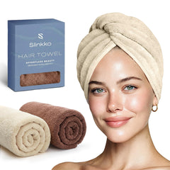 Slinkko microfiber hair towel wrap front view showing beige brown color and secure button