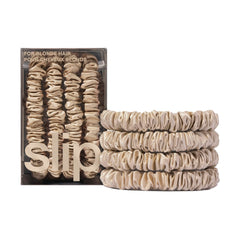 SLIP front view of blonde silk scrunchies showcasing elegant packaging and cohesive set