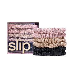 SLIP pack front view showing six silk skinny scrunchies and color variety