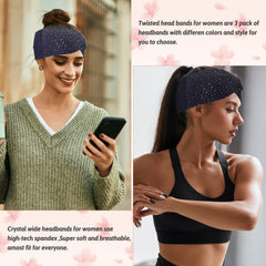 Three Sliverdew headbands displayed on table showing navy black burgundy styling options benefit