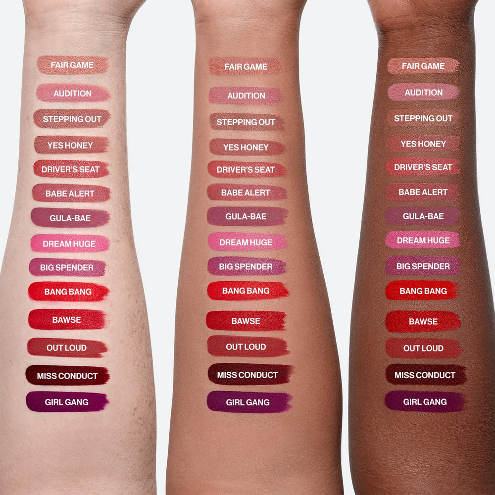 Smashbox before-and-after lips wearing Bawse showing longwear color payoff