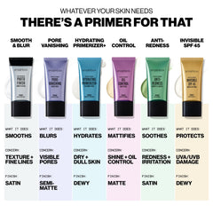 Smashbox primer next to foundation in flatlay showing layering and long-wear benefit