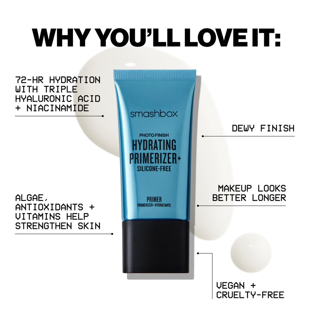 Pump dispensing Smashbox primerizer emphasizing precise, mess-free application benefit