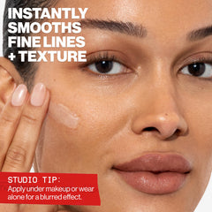 Smashbox primer before and after split image showing reduced pores and smoother skin
