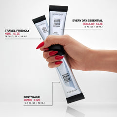 Smashbox primer on vanity next to mirror showing quick touch-up lifestyle benefit