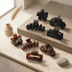 SMKSL clips arranged on dresser suggesting coordinated neutral accessories for outfits