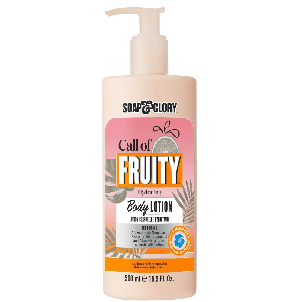 Soap & Glory front bottle showing 500ml label and tropical design, promotes hydration