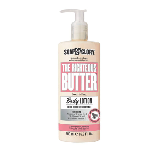 Soap & Glory front packaging shows pump bottle and bright design for easy dispensing