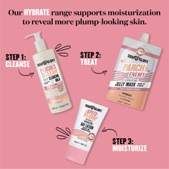 Soap & Glory on bathroom shelf with towel, suggests daily routine