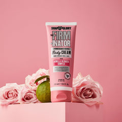 Soap & Glory size comparison next to hand to show portable 8.4 oz benefit