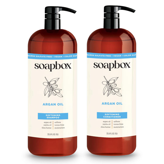 Soapbox shampoo and conditioner front packaging showing 1L bottles and vanilla scent benefit