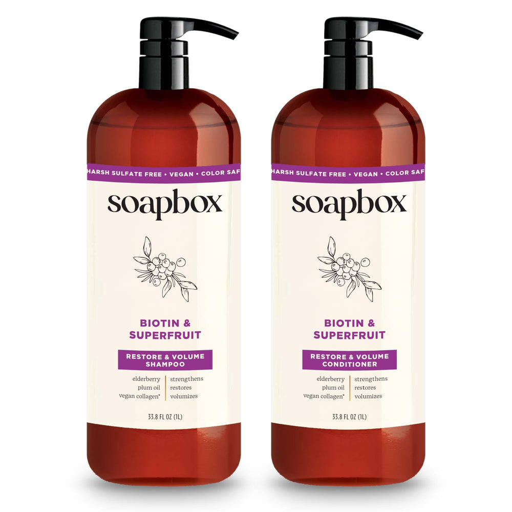Soapbox Biotin & Super Fruit front packaging showing both bottles and benefits