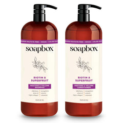 Soapbox Biotin & Super Fruit front packaging showing both bottles and benefits