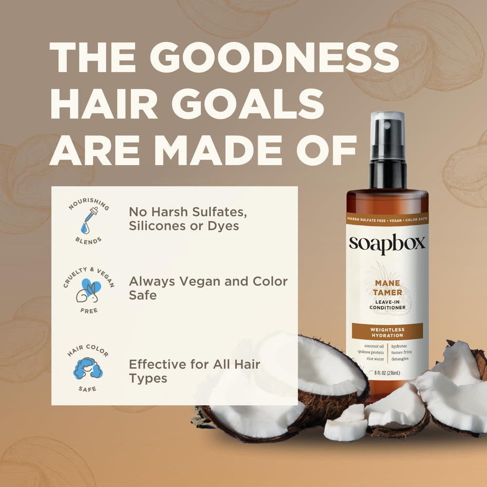 Soapbox Mane Tamer applied to hair mid-lengths for easier combing and less frizz