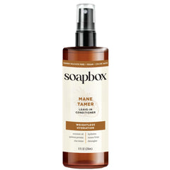 Soapbox Mane Tamer front bottle showing product packaging and size benefit