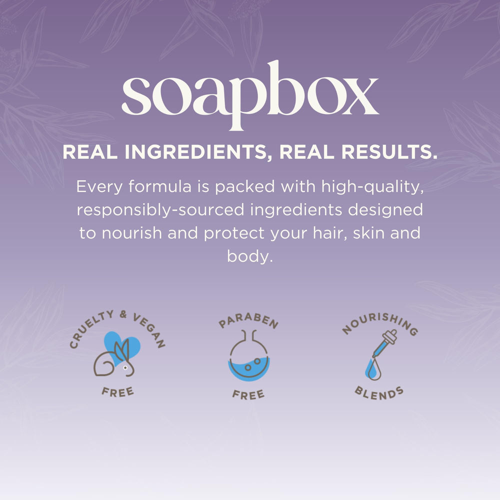 Soapbox product label close-up listing biotin, rice protein, and clean ingredients