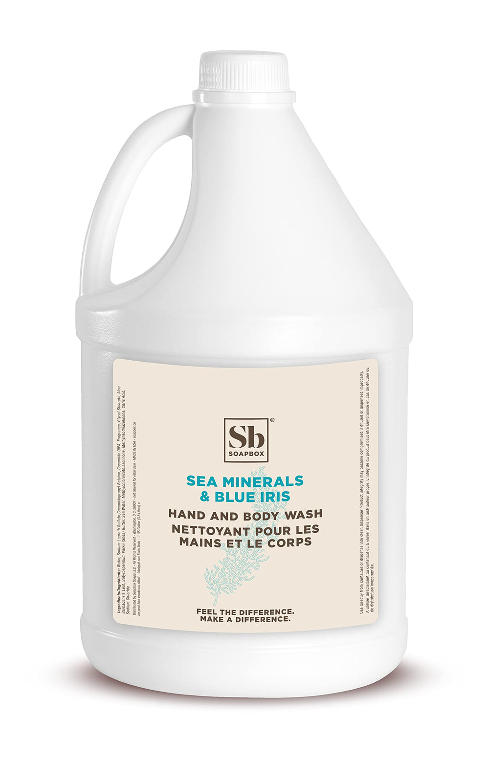 Soapbox front label showing sea minerals and blue iris benefits