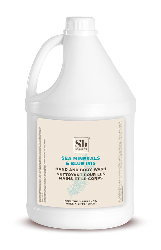 Soapbox front label showing sea minerals and blue iris benefits