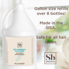 Soapbox shampoo being poured into a refill dispenser for efficient restocking
