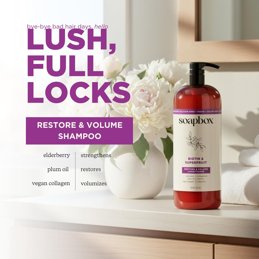 Soapbox shampoo texture pouring from bottle highlighting gentle lather