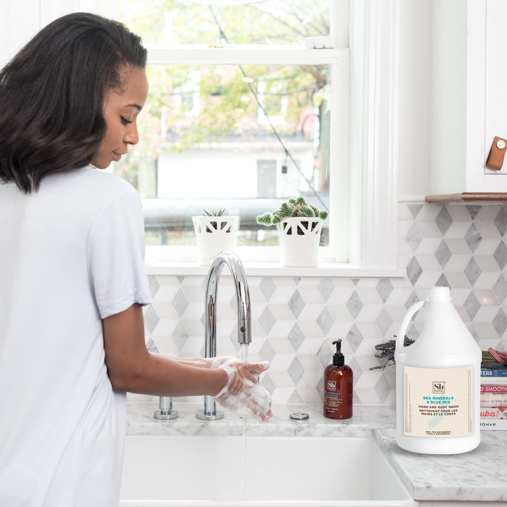 Soapbox gallon next to 16oz bottle highlighting refill value