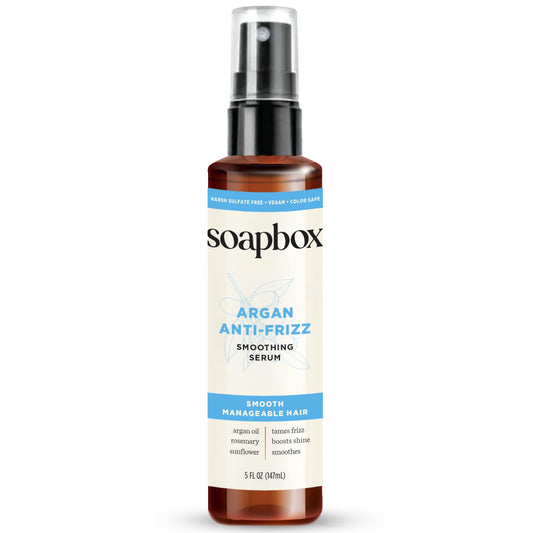 Soapbox bottle front view showing polished packaging and size benefit