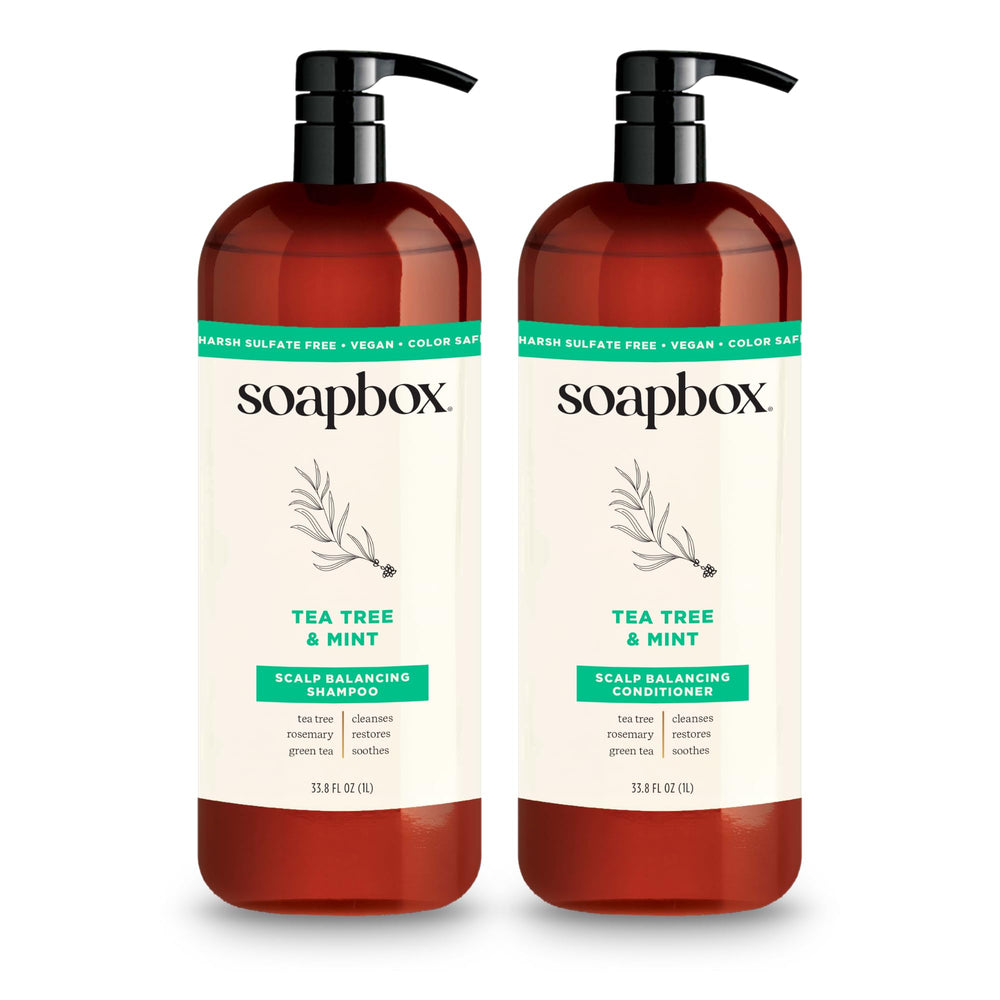 Soapbox front packaging showing 1L shampoo and conditioner, clear product benefits