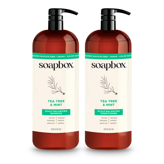 Soapbox front packaging showing 1L shampoo and conditioner, clear product benefits