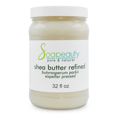 Soapeauty front jar showing 32 oz container and pure refined shea butter benefit