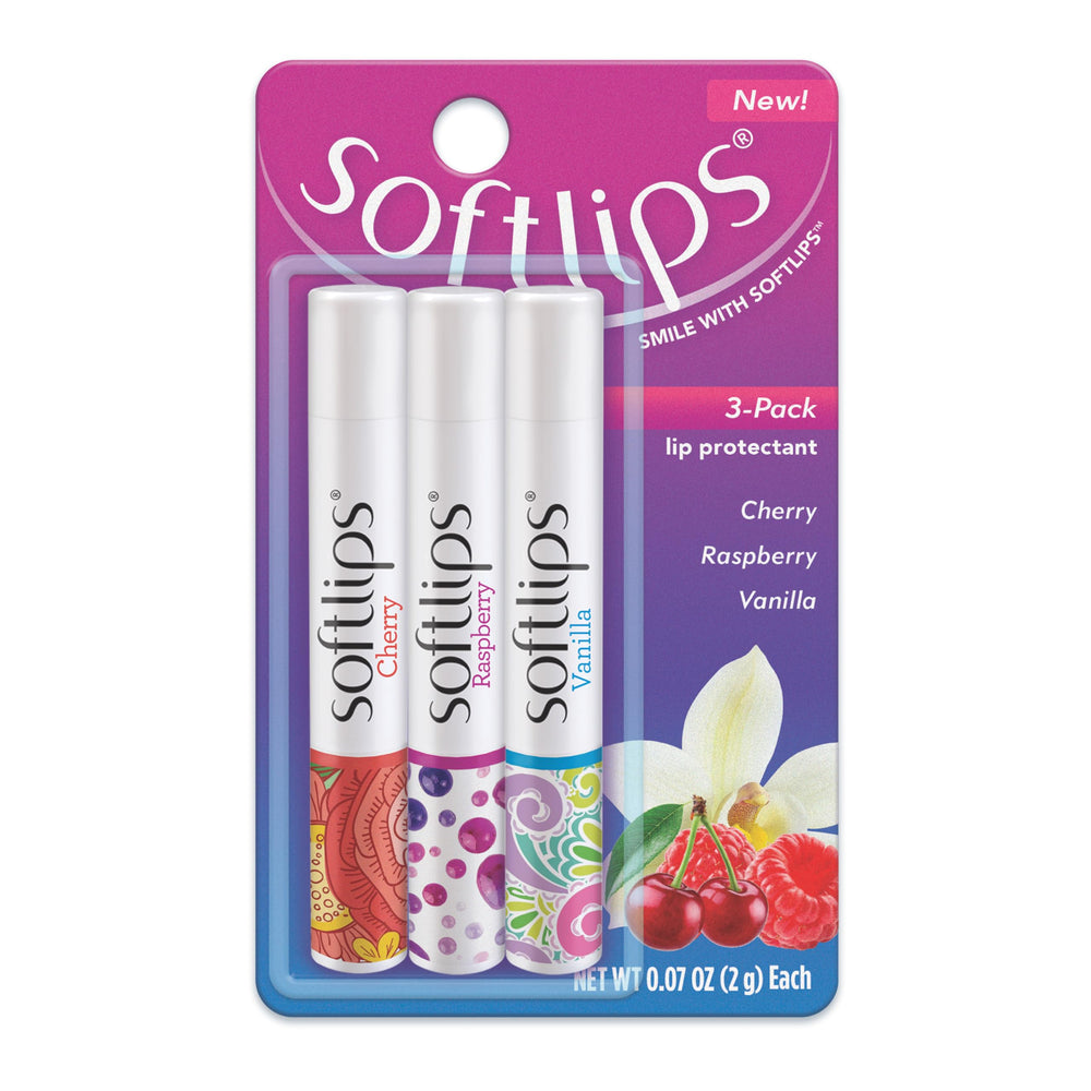 Softlips front packaging trio showing three flavored chap sticks for easy selection and travel