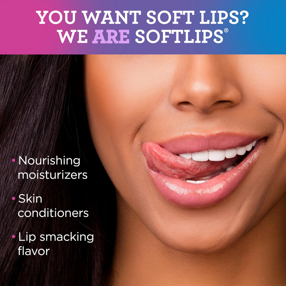 Softlips single stick close-up showing smooth-glide tip and portable slim design benefit