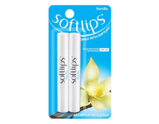 SoftLips front packaging showing two vanilla SPF 20 tubes and benefits