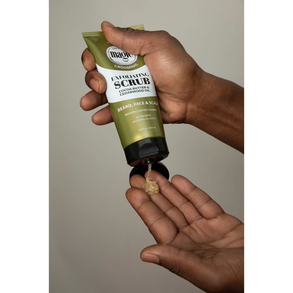 SoftSheen Magic scrub applied to beard demonstrating softer styling