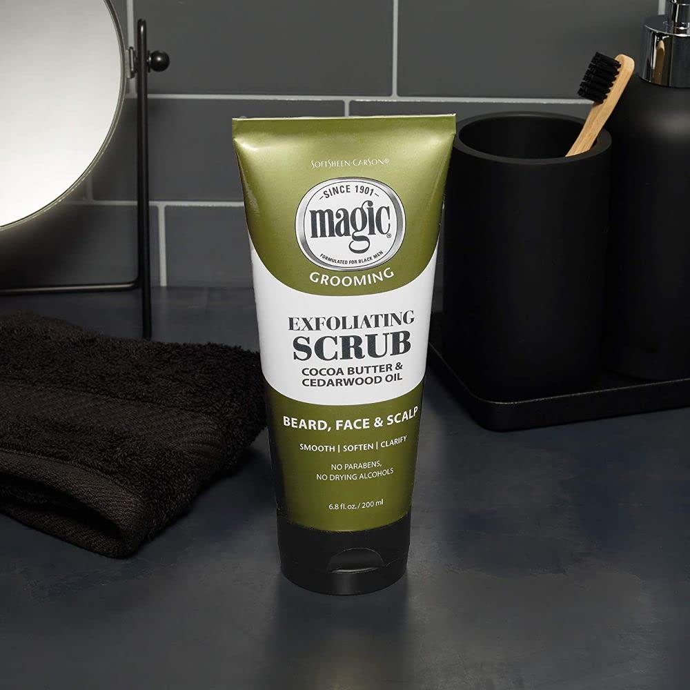 SoftSheen Magic scrub open cap revealing creamy scrub for grooming