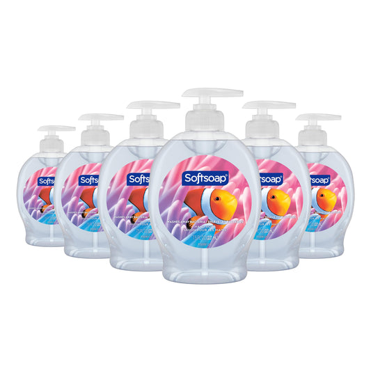 Softsoap front packaging showing aquarium designs and volume, clear and inviting