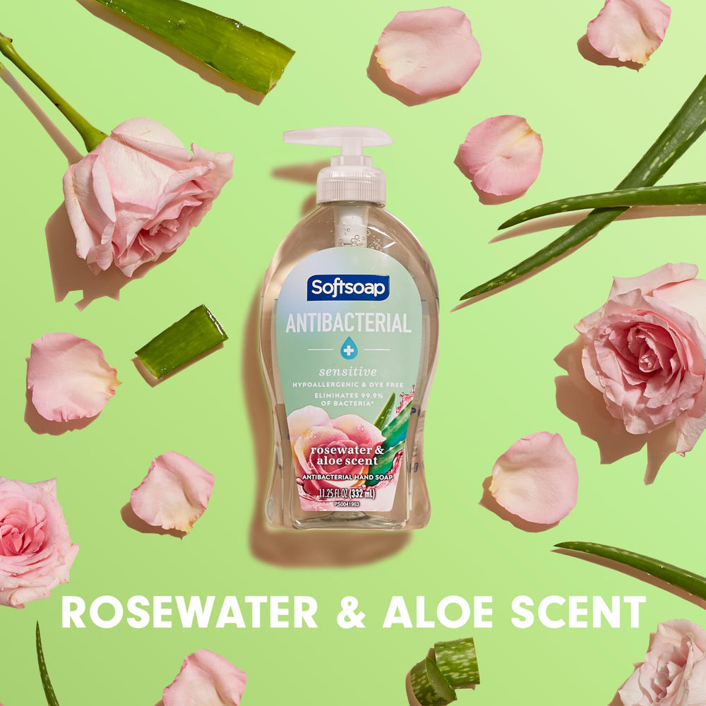 Rosewater and aloe ingredients near Softsoap bottle illustrating soothing benefit