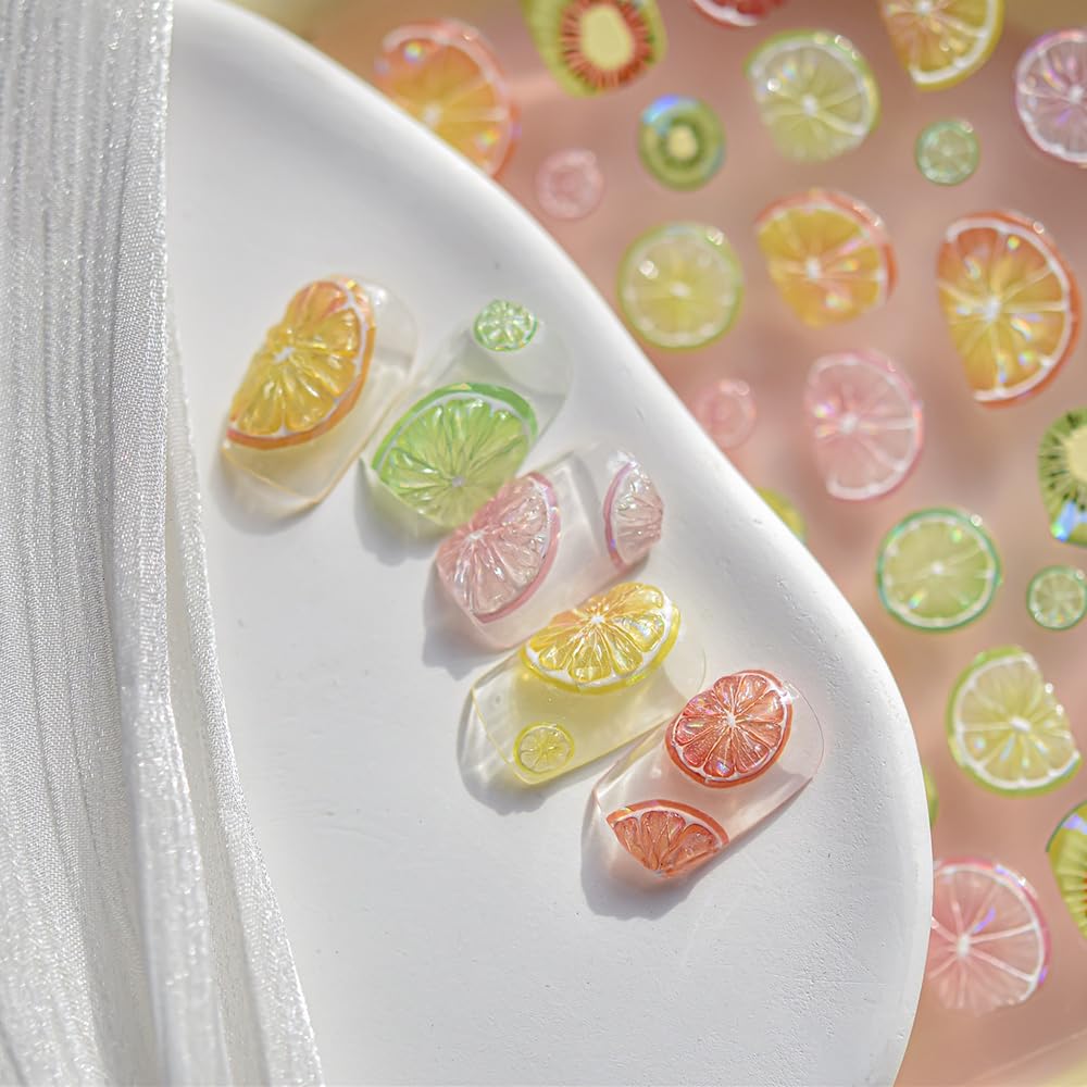 SOFTSOUL on-model summer nails showcasing vibrant fruit decals for vacation-ready style