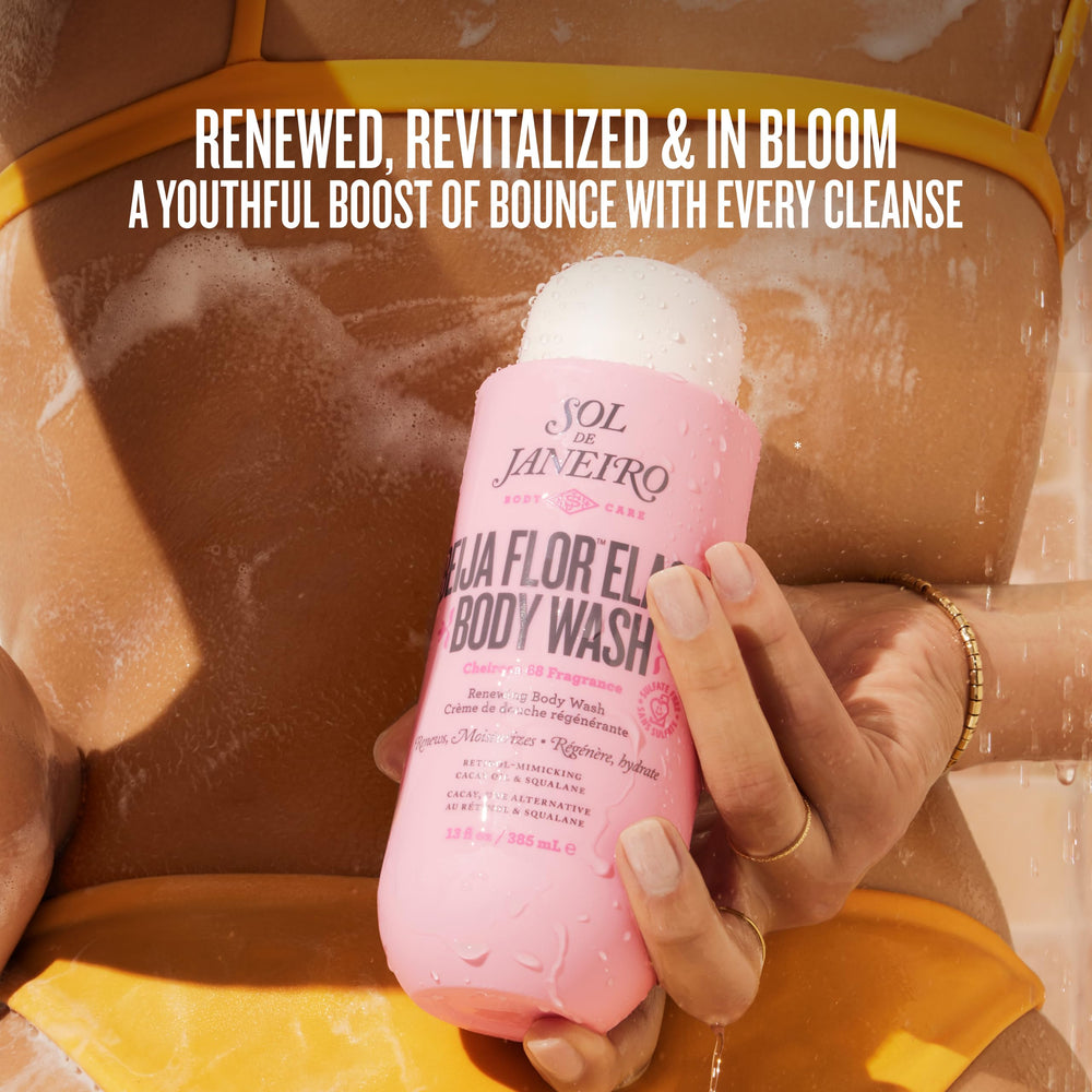 Sol de Janeiro pouring Beija Flor Body Wash on hand to show conditioning, easy spread