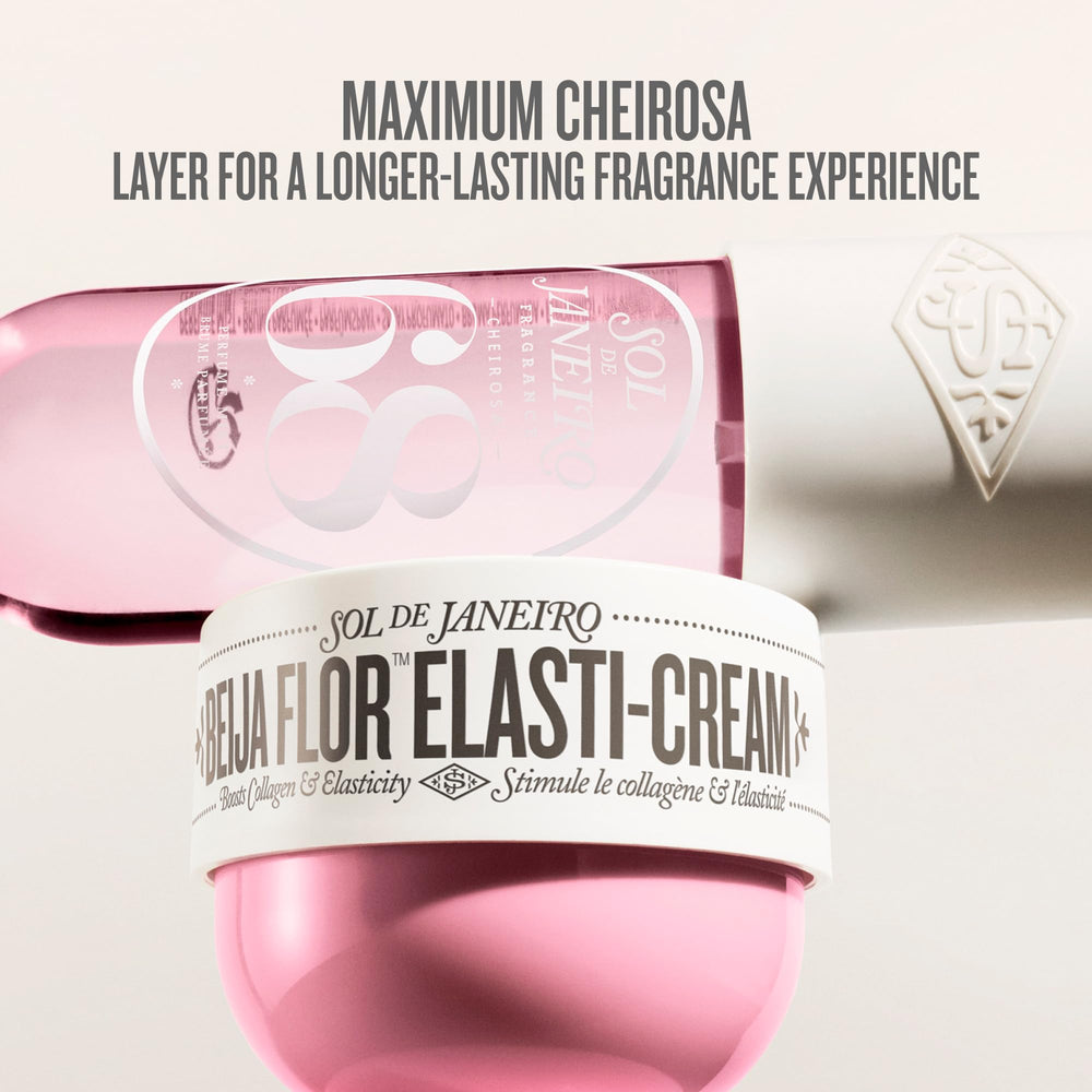 Sol de Janeiro lifestyle scene with tropical florals evoking Cheirosa 68 joyful scent