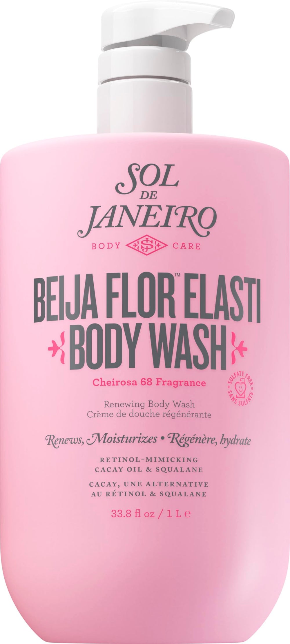 Sol de Janeiro front bottle showing 1L jumbo size and label, convenient refill benefit