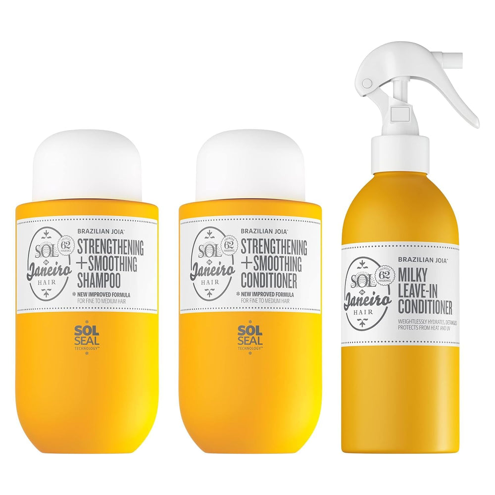 Sol de Janeiro front packaging trio showing shampoo conditioner and leave-in benefits